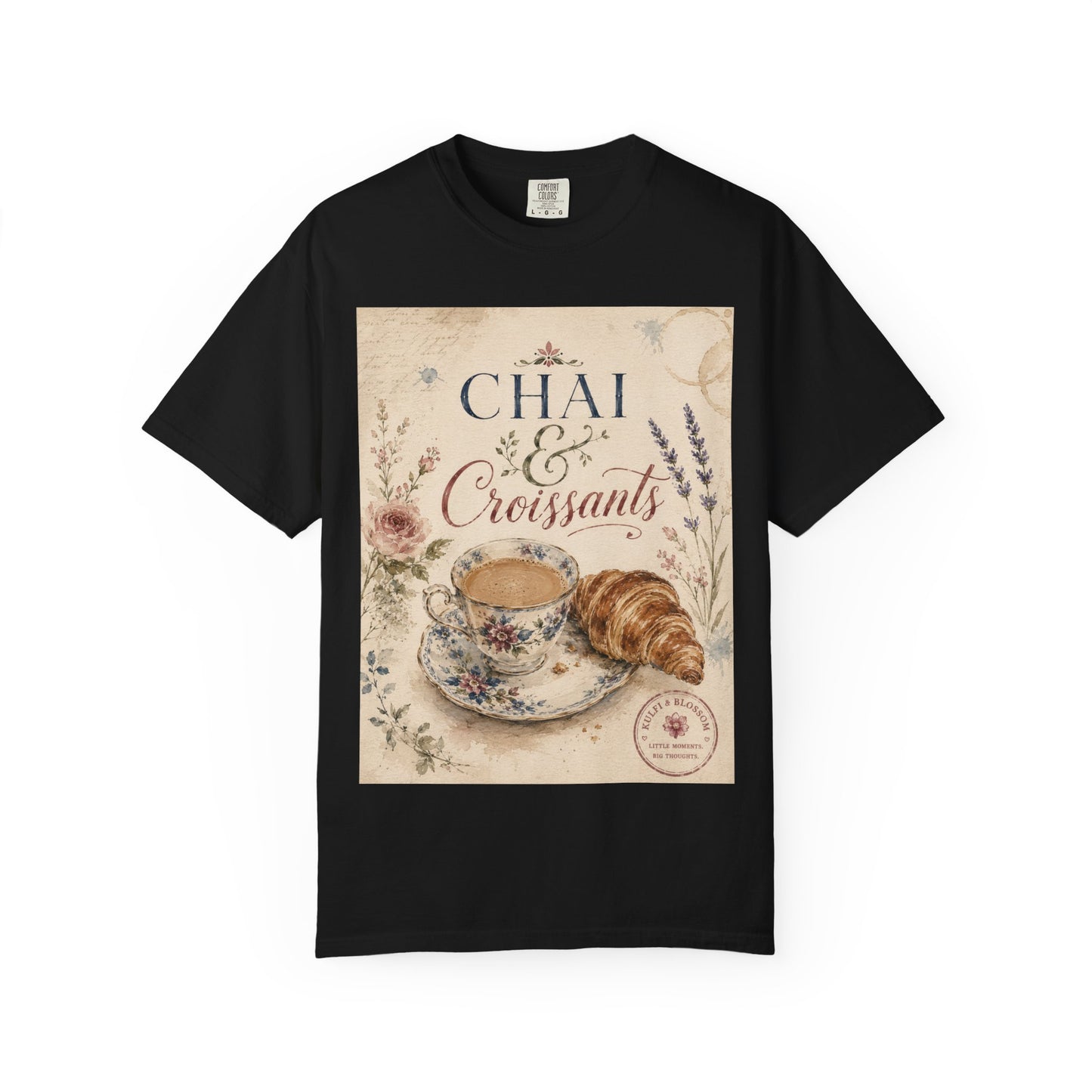 Chai & Croissants T-Shirt — Vintage Tea Cup & Pastry Graphic