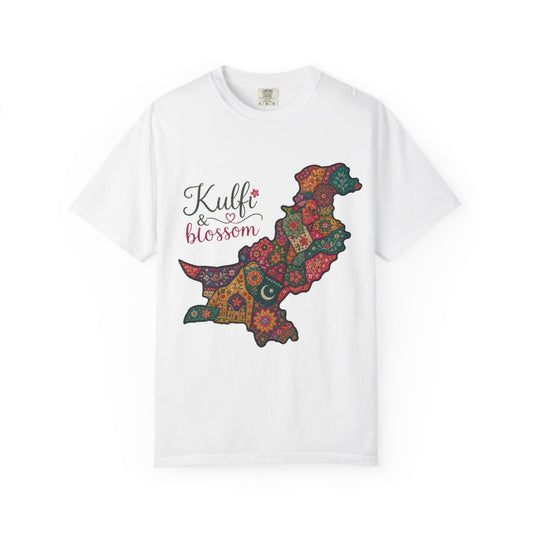 Pakistan Map Floral T‑Shirt — "Kulfi & Blossom" Colorful Paisley Design