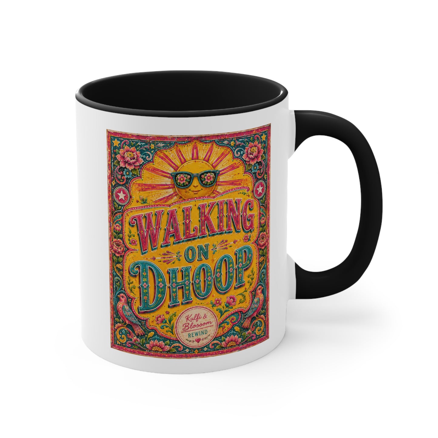 Walking on Dhoop Accent Mug — Bright Retro Sun Graphic Coffee Cup