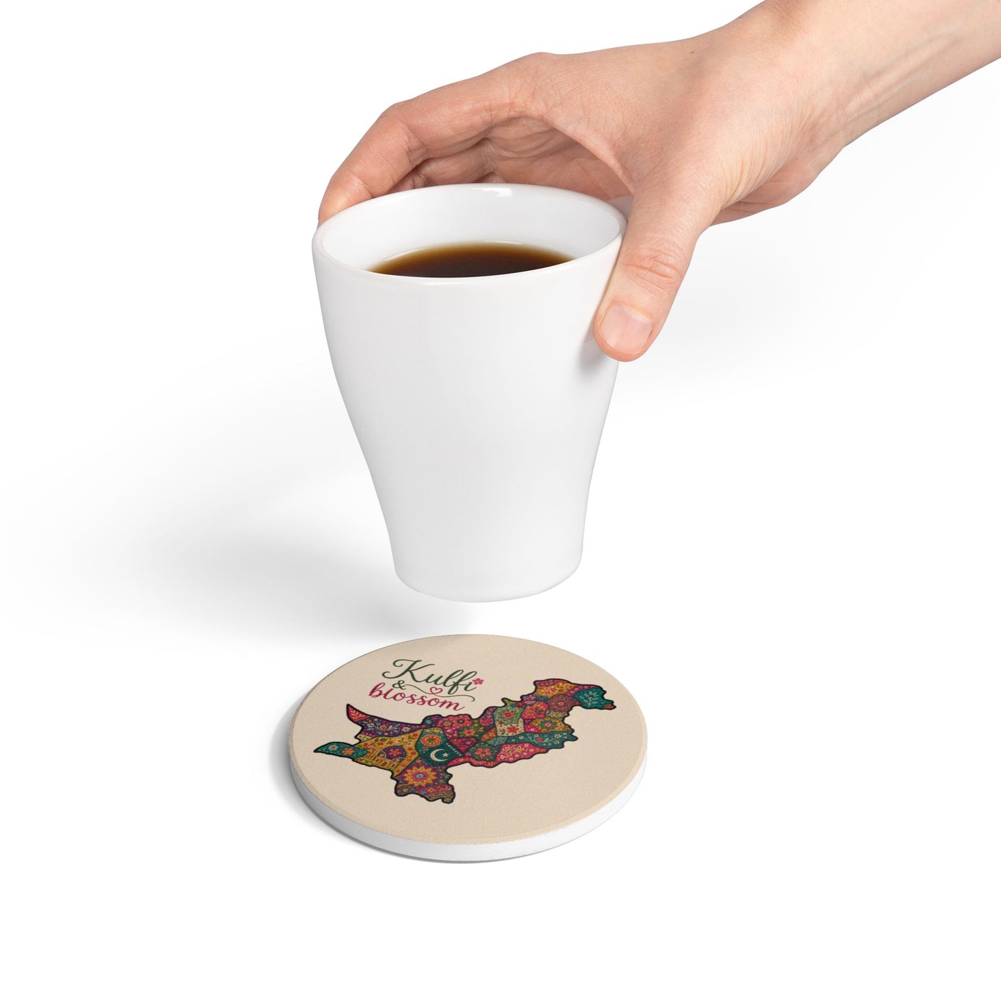 Pakistan Map Ceramic Coaster — "Kulfi & blossom" Floral Paisley Design