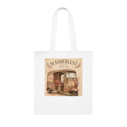 Wanderlust Tuk Tuk Cotton Tote Bag — Vintage Boho Travel Market Bag