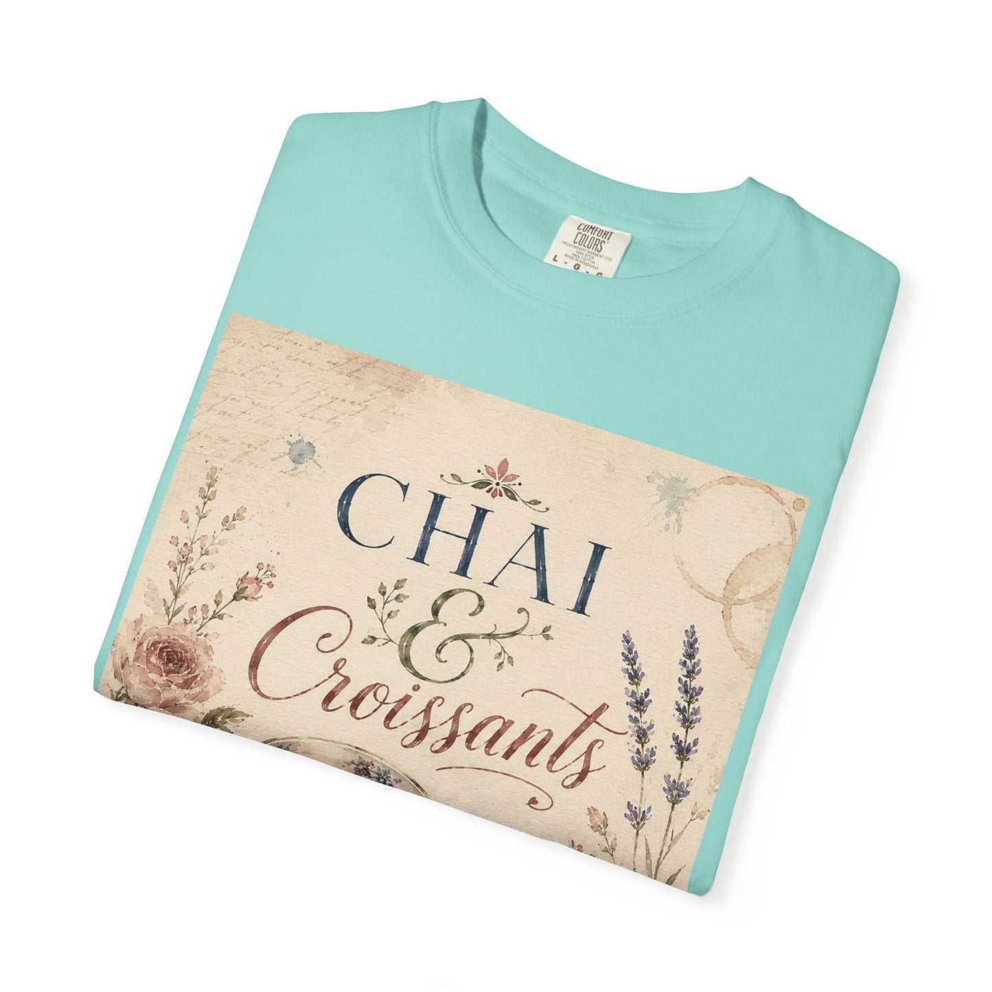 Chai & Croissants T-Shirt — Vintage Tea Cup & Pastry Graphic