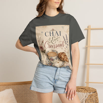 Chai & Croissants T-Shirt — Vintage Tea Cup & Pastry Graphic