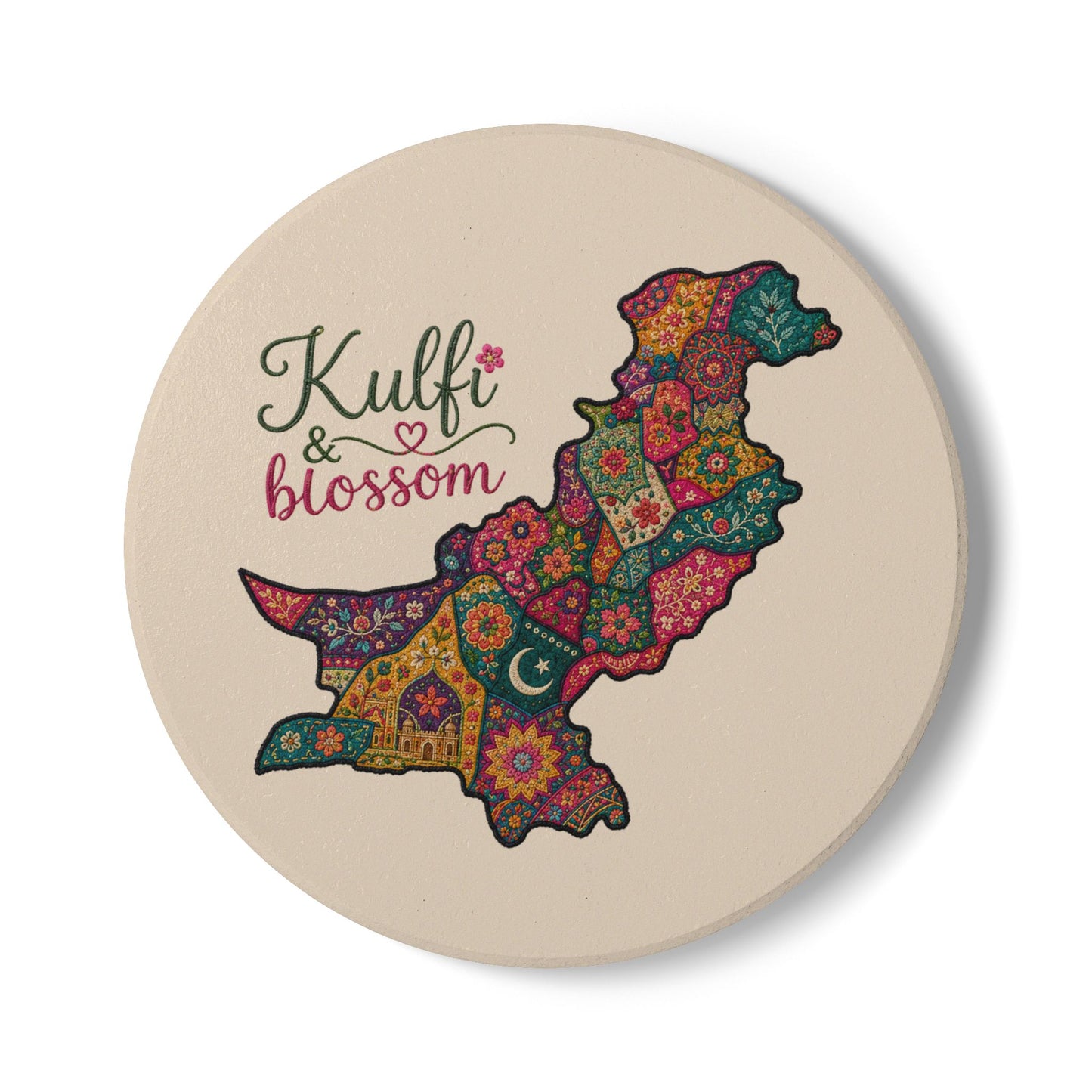 Pakistan Map Ceramic Coaster — "Kulfi & blossom" Floral Paisley Design