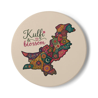 Pakistan Map Ceramic Coaster — "Kulfi & blossom" Floral Paisley Design