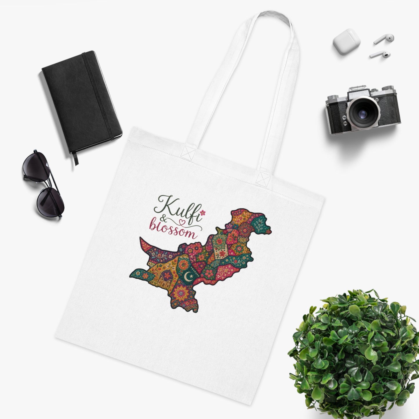 Pakistani Floral Map Tote — "Kulfi Blossom" Cotton Shopper