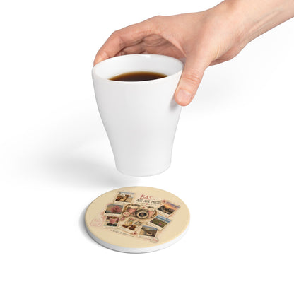 Ceramic Coaster — Vintage Camera & Travel Polaroid Collage ("Bas... Aik Aur Photo")