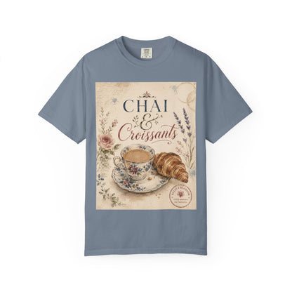 Chai & Croissants T-Shirt — Vintage Tea Cup & Pastry Graphic