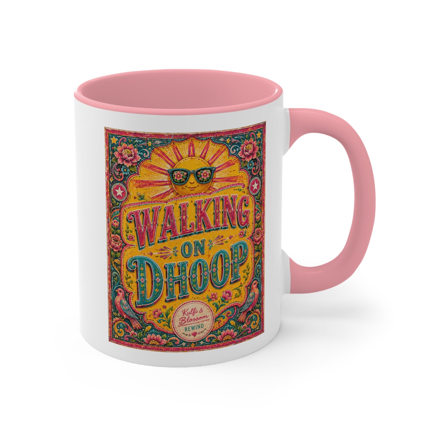 Walking on Dhoop Accent Mug — Bright Retro Sun Graphic Coffee Cup