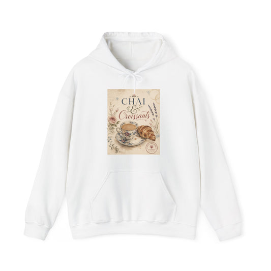 Chai & Croissants Hoodie — Vintage Café Tea and Pastries Sweatshirt