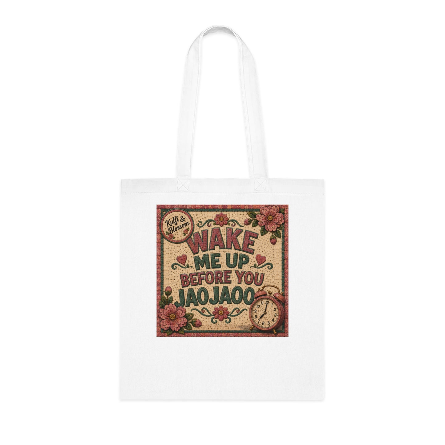 Wake Me Up Before You Jaojaoo Cotton Tote — Retro Floral Alarm Clock Grocery Bag