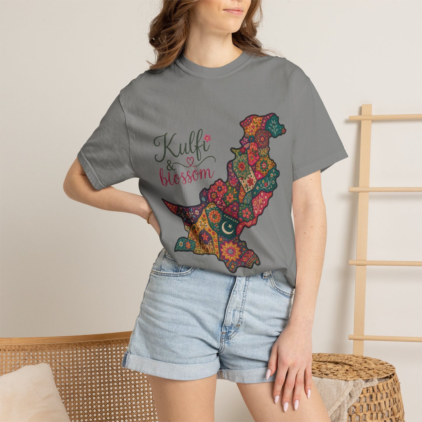 Pakistan Map Floral T‑Shirt — "Kulfi & Blossom" Colorful Paisley Design