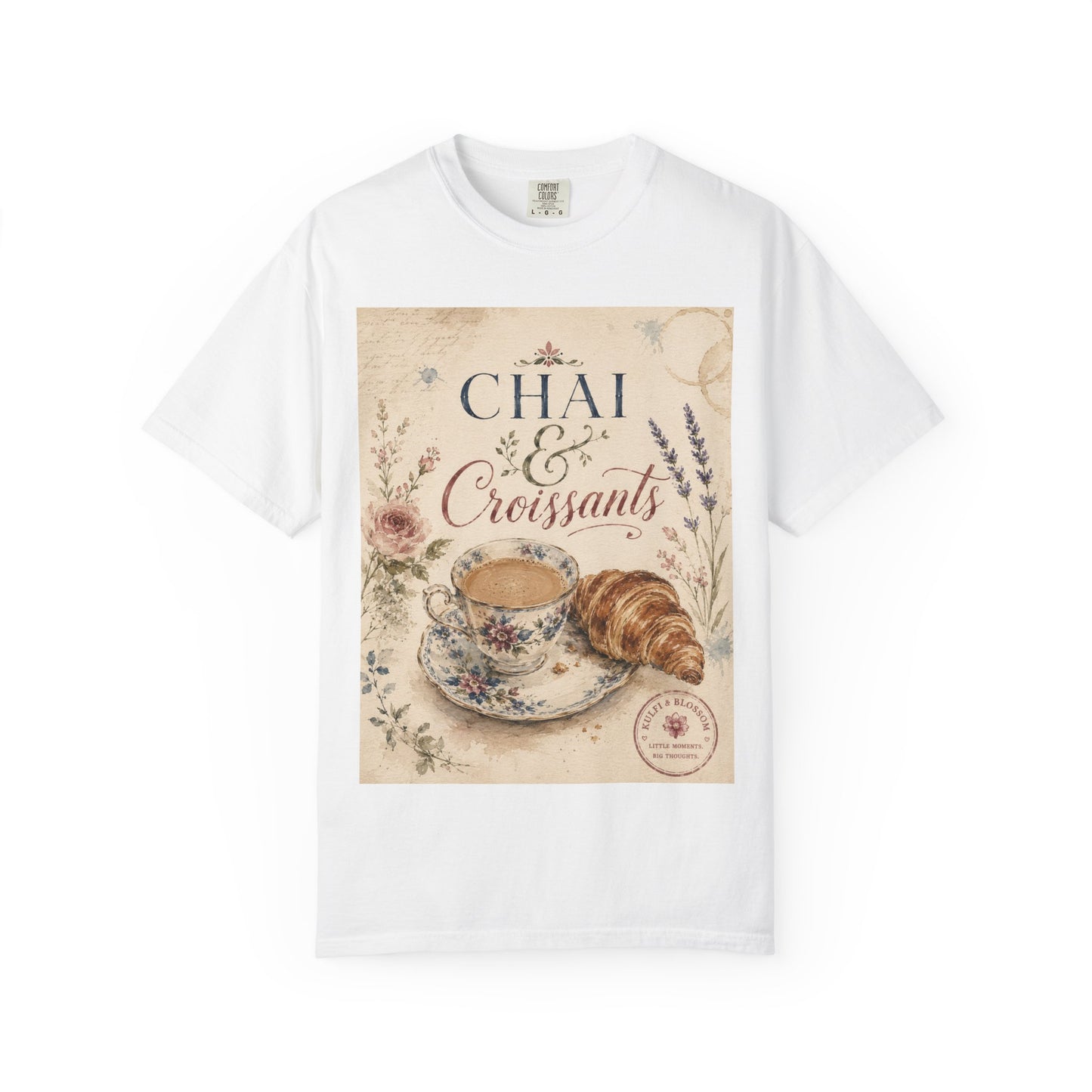 Chai & Croissants T-Shirt — Vintage Tea Cup & Pastry Graphic