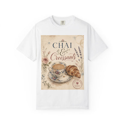 Chai & Croissants T-Shirt — Vintage Tea Cup & Pastry Graphic