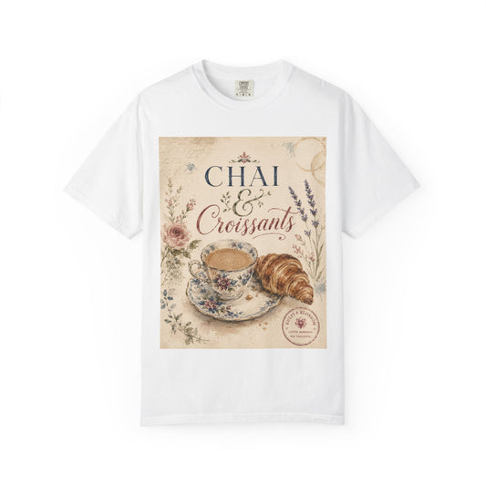 Chai & Croissants T-Shirt — Vintage Tea Cup & Pastry Graphic