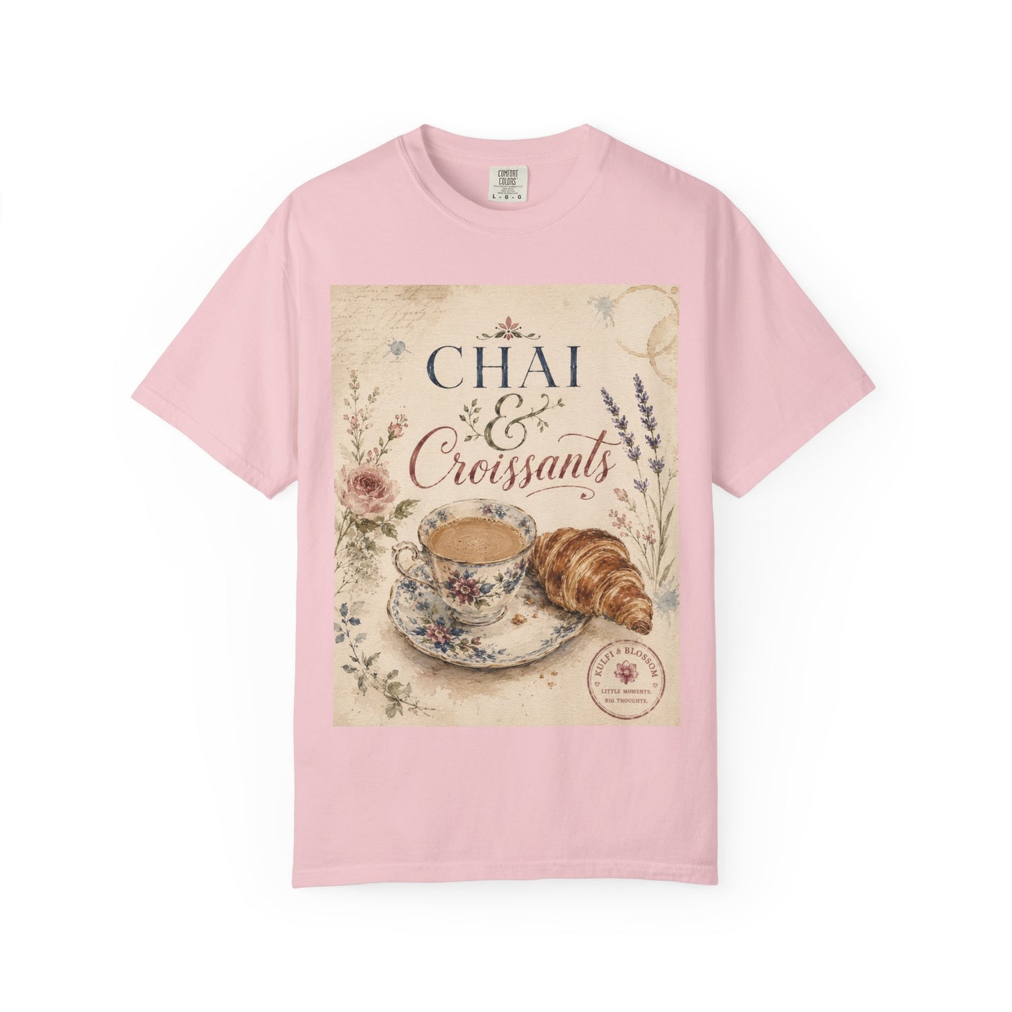 Chai & Croissants T-Shirt — Vintage Tea Cup & Pastry Graphic