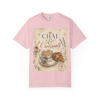 Chai & Croissants T-Shirt — Vintage Tea Cup & Pastry Graphic