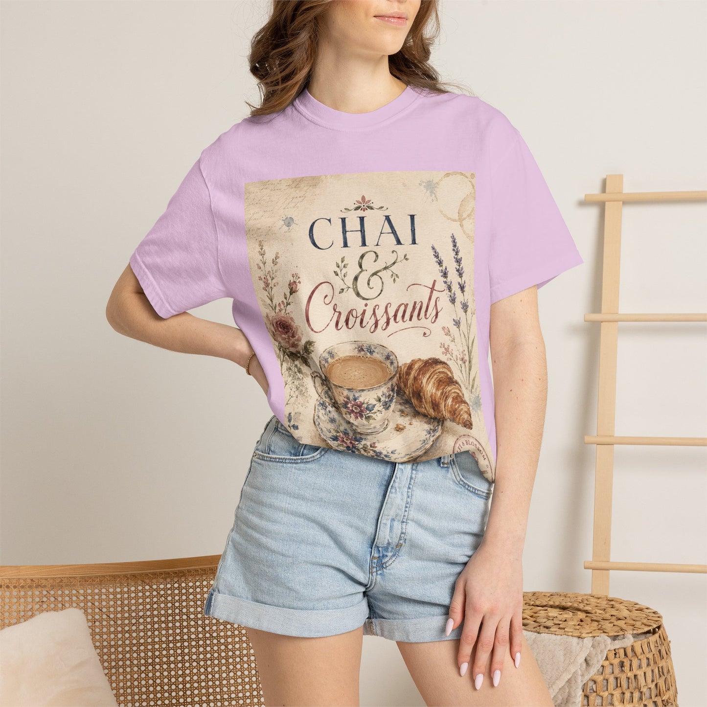 Chai & Croissants T-Shirt — Vintage Tea Cup & Pastry Graphic