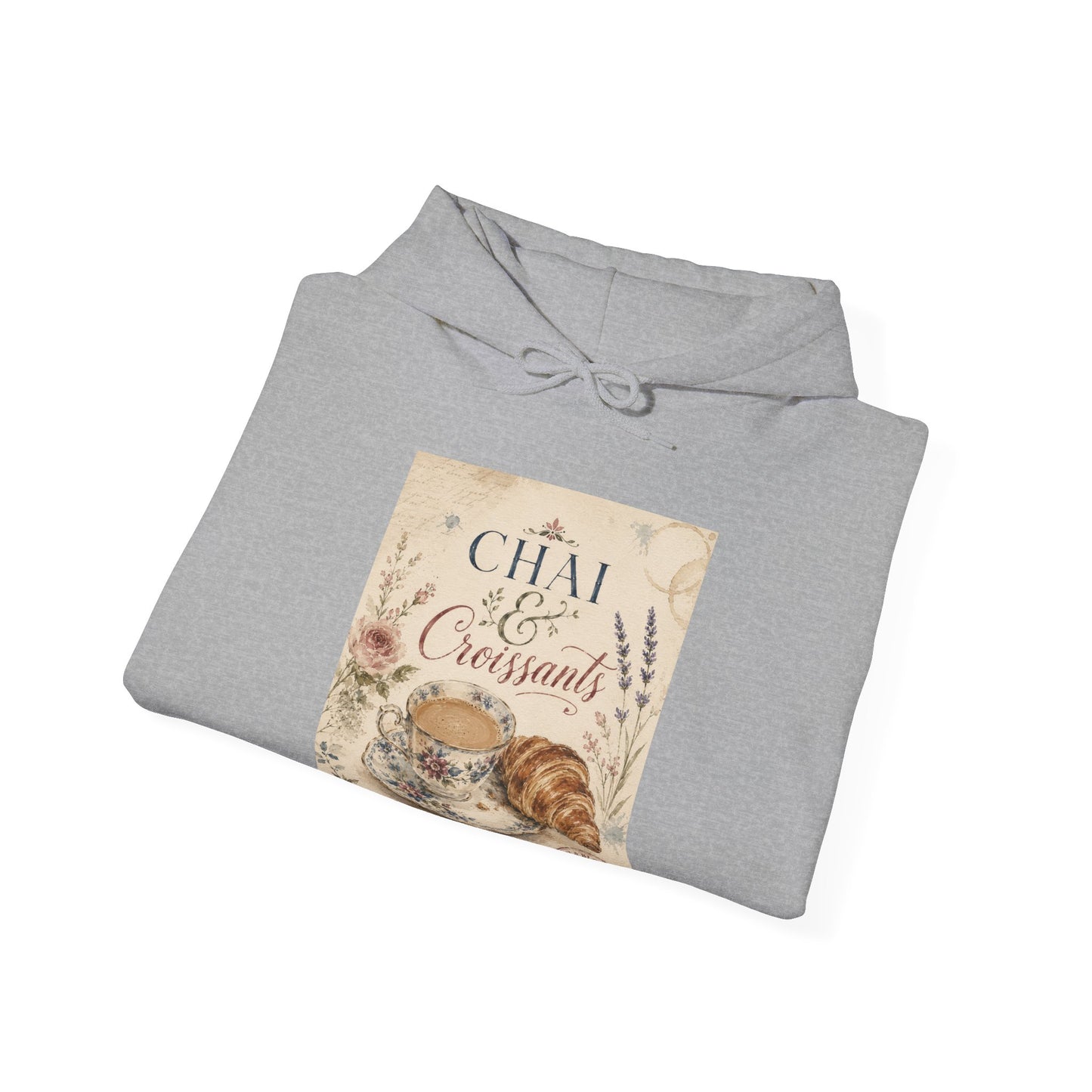 Chai & Croissants Hoodie — Vintage Café Tea and Pastries Sweatshirt