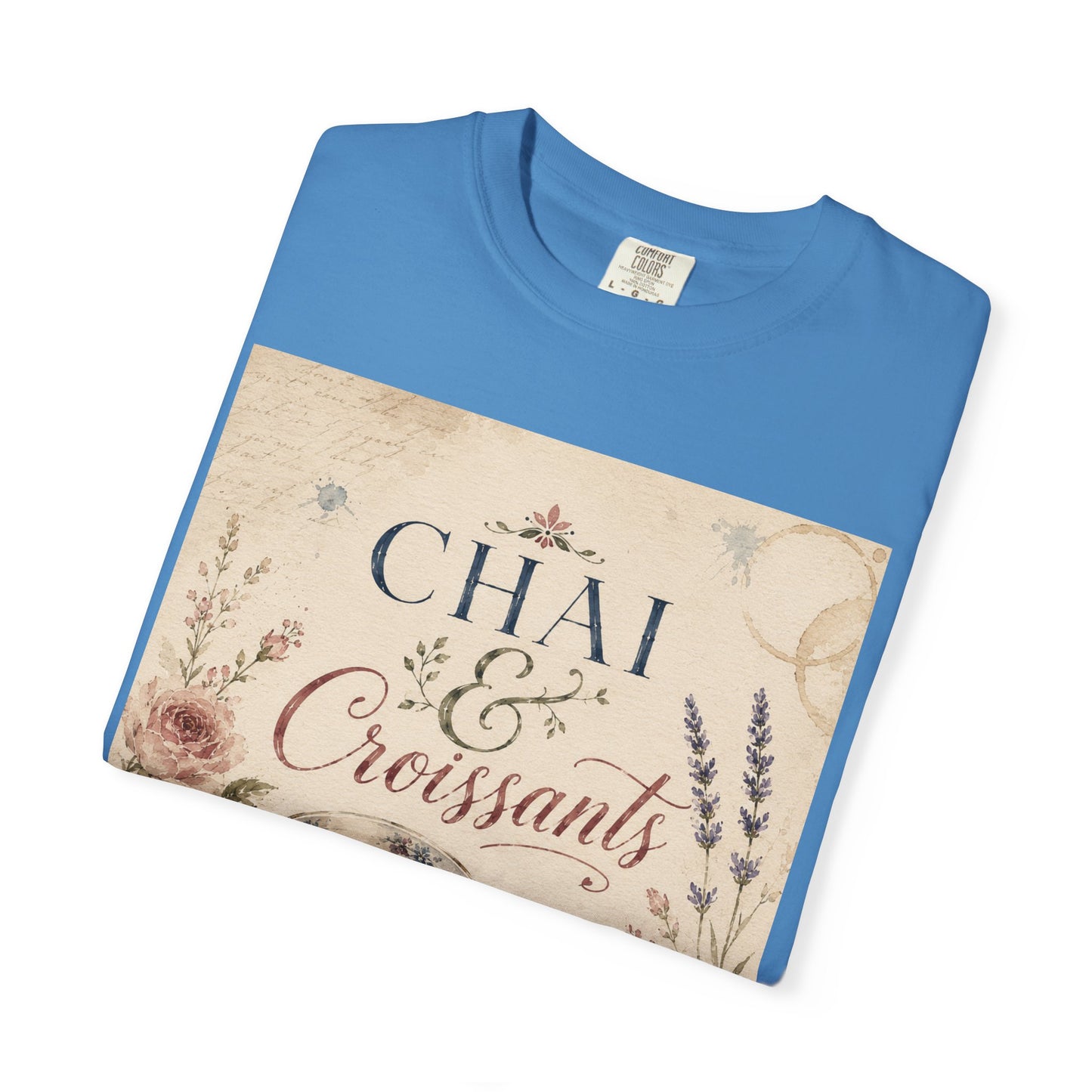Chai & Croissants T-Shirt — Vintage Tea Cup & Pastry Graphic