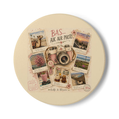 Ceramic Coaster — Vintage Camera & Travel Polaroid Collage ("Bas... Aik Aur Photo")