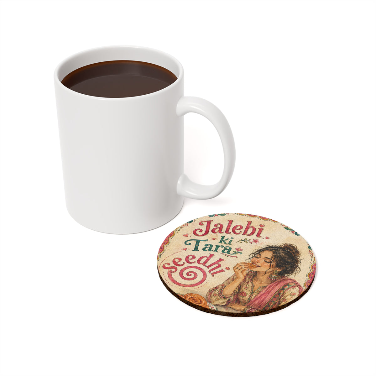 Jalebi Ki Tara Seedhi – Round Cork Back Coaster (Indian Sweets Illustration)