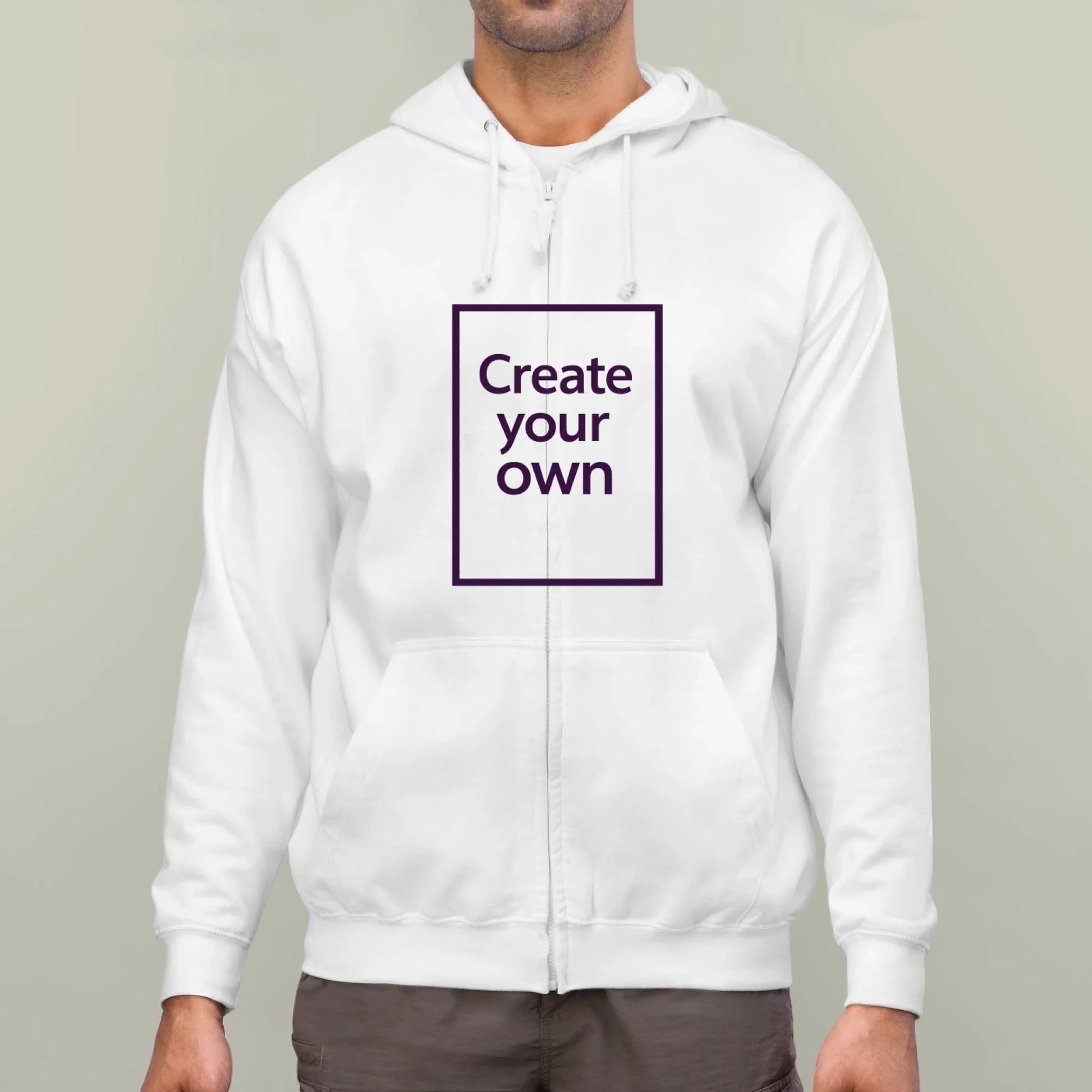 White hoodie with 'Create your own' text on a plain background