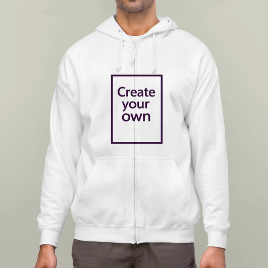 White hoodie with 'Create your own' text on a plain background