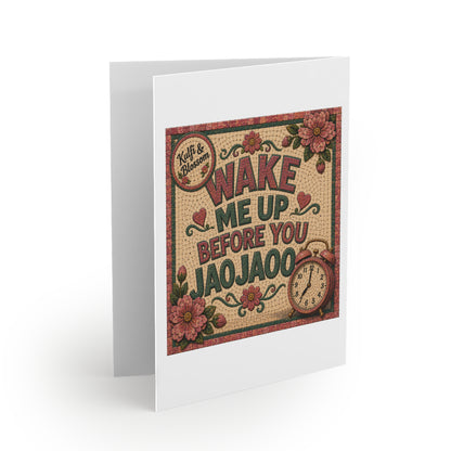 Greeting Card — "Wake Me Up Before You Jaojaoo" Floral Retro Alarm Clock Design (Pack of 8/16/24)