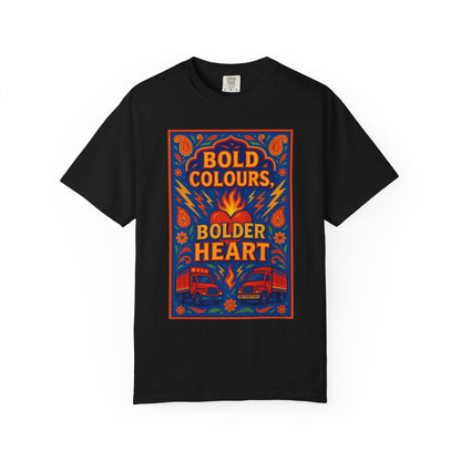 Bold Colors Bolder Heart T-Shirt, Vibrant Apparel, Artistic Tee, Casual Wear, Gift for Art Lovers, Statement Shirt