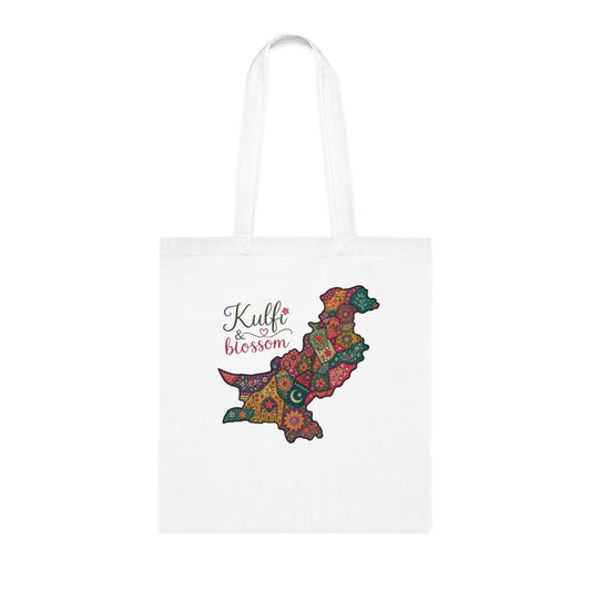 Pakistani Floral Map Tote — "Kulfi Blossom" Cotton Shopper