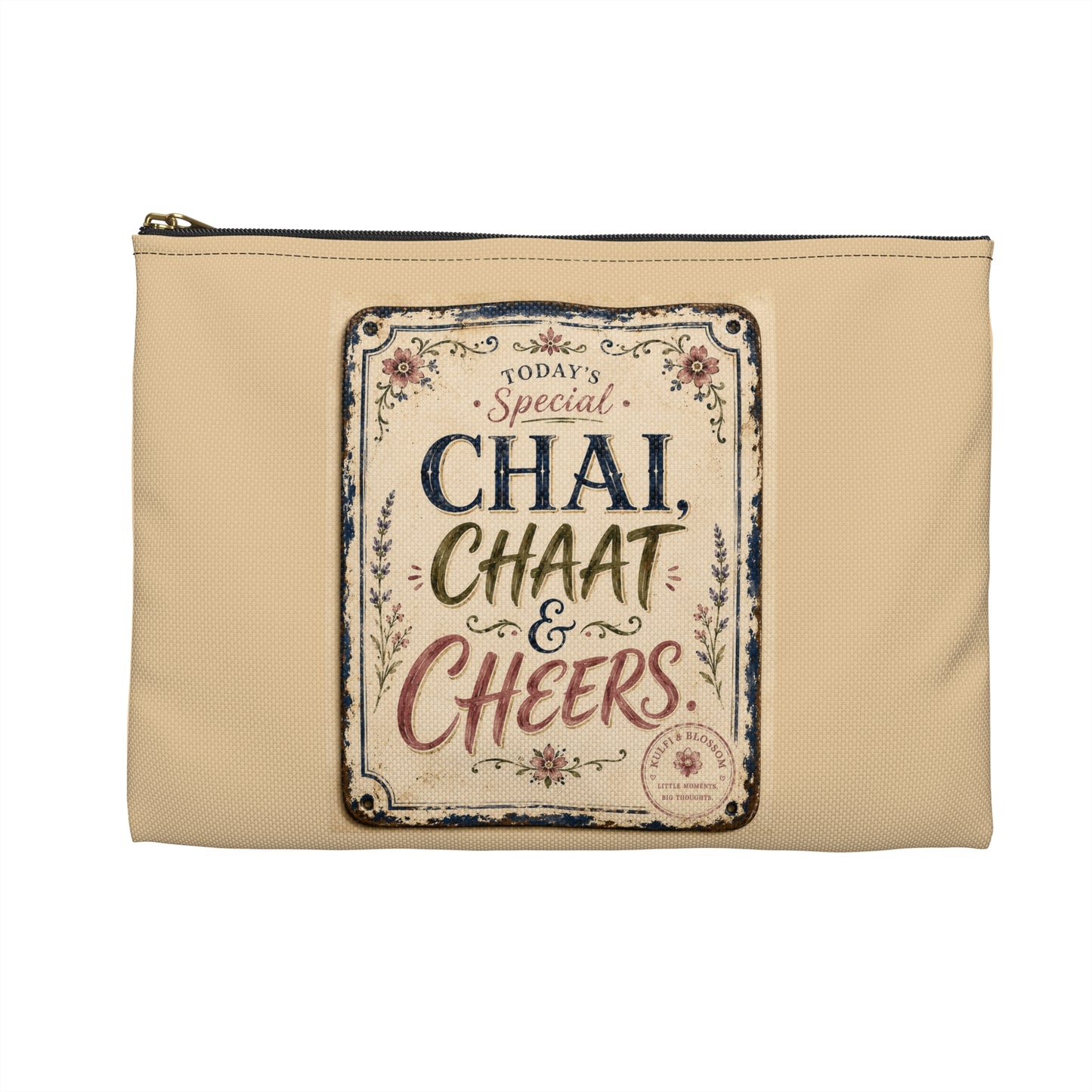 Chai, Chaat & Cheers Accessory Pouch — Vintage Indian Tea & Snack Travel Organizer