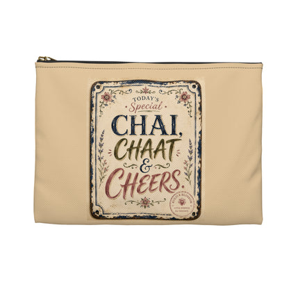 Chai, Chaat & Cheers Accessory Pouch — Vintage Indian Tea & Snack Travel Organizer