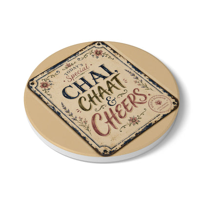 Ceramic Coaster - "Chai, Chaat & Cheers" Vintage Tea Time Coaster