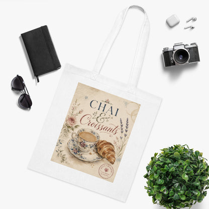 Chai & Croissants Cotton Tote Bag — Vintage Tea Cup & Pastry Market Tote