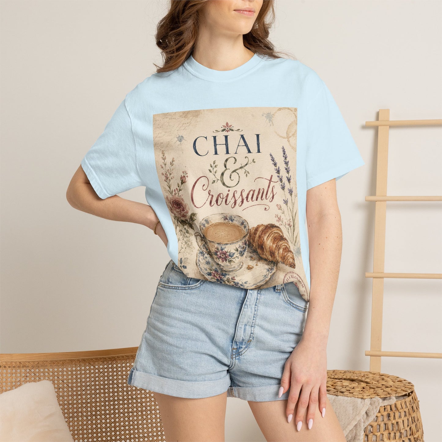 Chai & Croissants T-Shirt — Vintage Tea Cup & Pastry Graphic