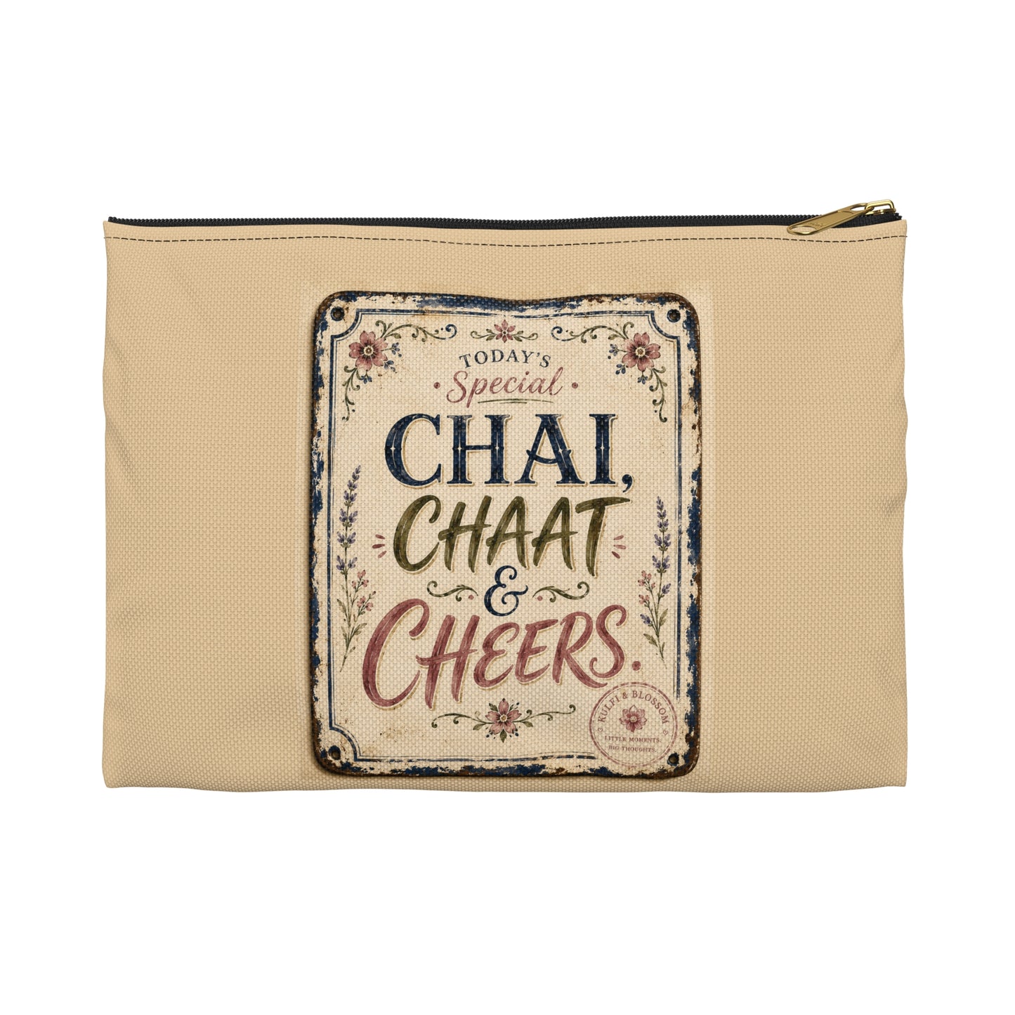 Chai, Chaat & Cheers Accessory Pouch — Vintage Indian Tea & Snack Travel Organizer