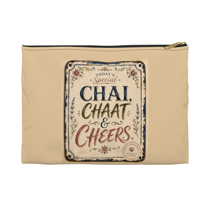 Chai, Chaat & Cheers Accessory Pouch — Vintage Indian Tea & Snack Travel Organizer
