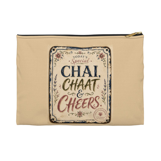 Chai, Chaat & Cheers Accessory Pouch — Vintage Indian Tea & Snack Travel Organizer