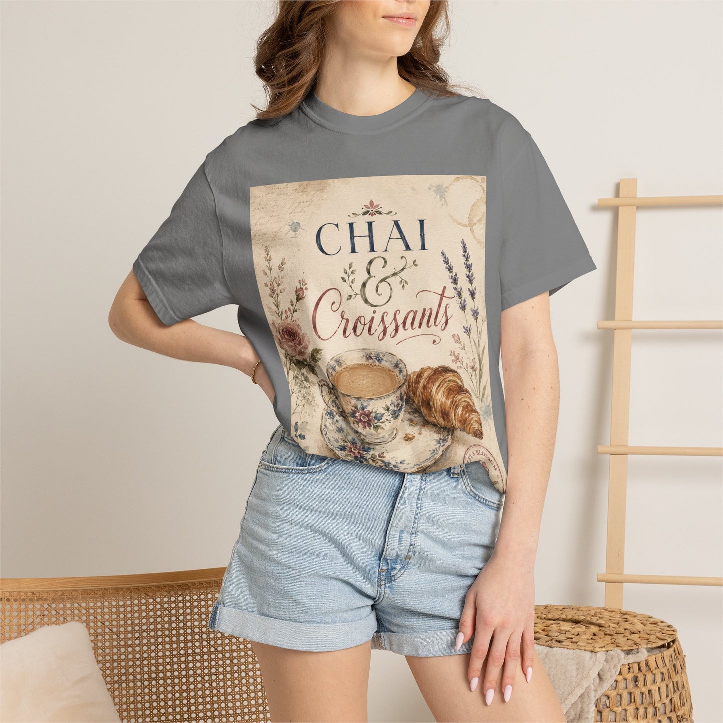 Chai & Croissants T-Shirt — Vintage Tea Cup & Pastry Graphic