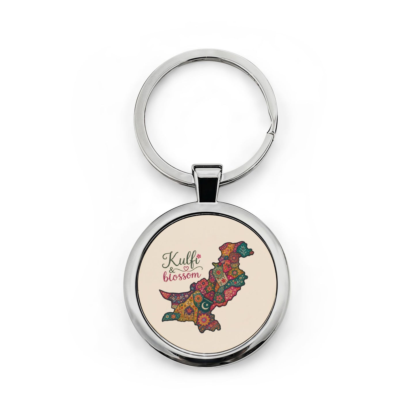 Stainless Steel Keychain — Floral Pakistan Map "Kuffi Blossom" Round Keyring