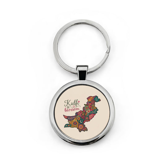 Stainless Steel Keychain — Floral Pakistan Map "Kuffi Blossom" Round Keyring