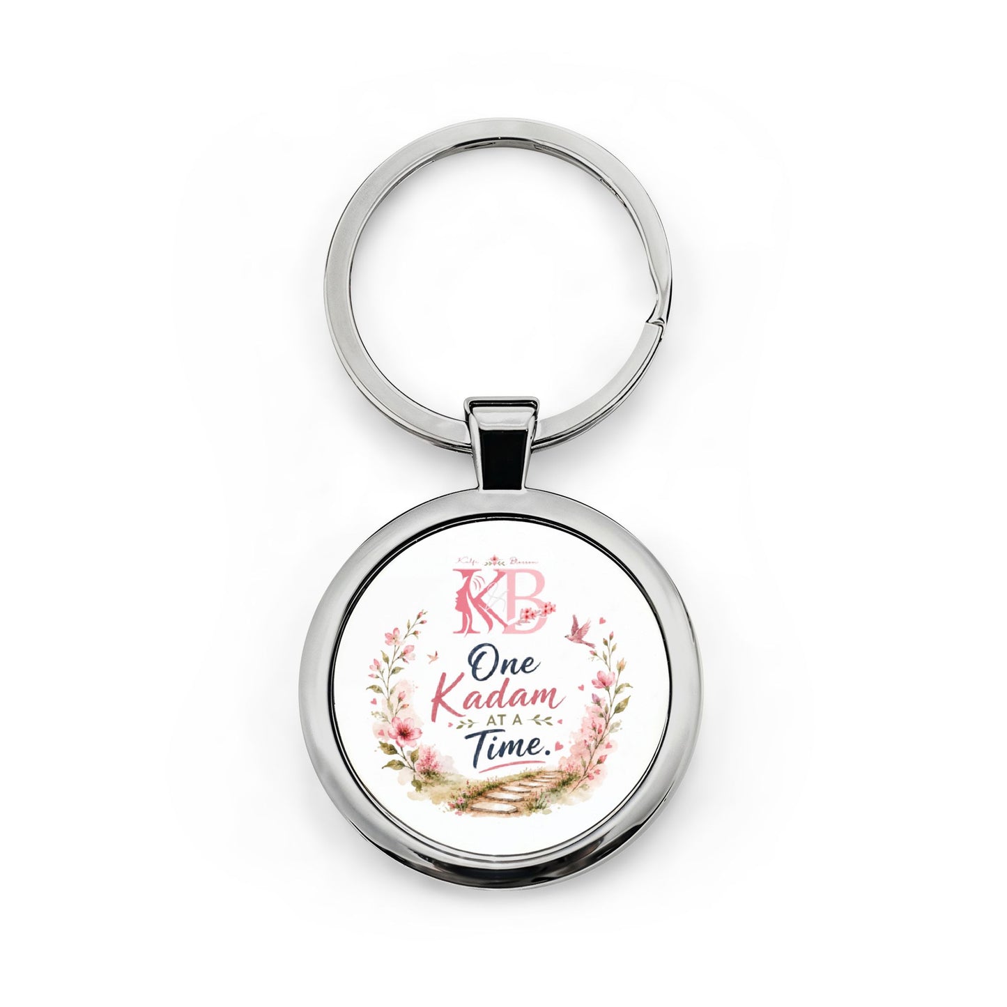 One Kadam at a Time Round Stainless Steel Keychain – Inspirational Floral Keyring