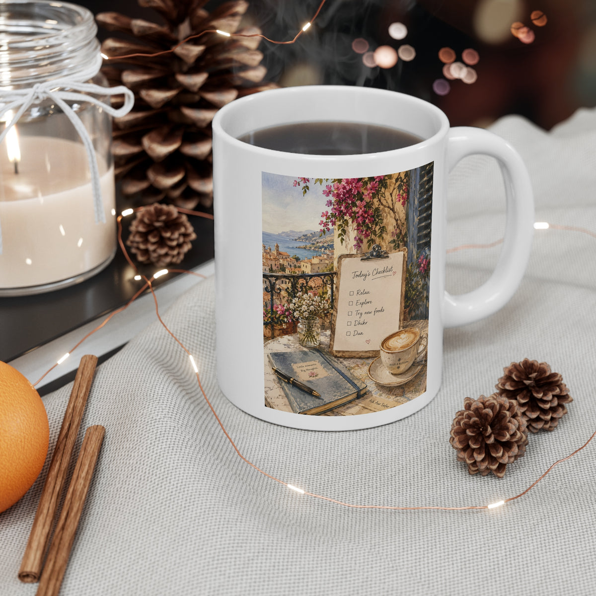 Coffee Mug — Scenic Balcony Morning with 'Today's Checklist'