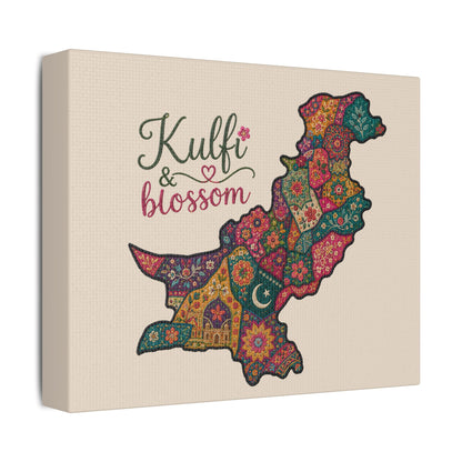 Pakistan Floral Map Satin Canvas Print — “Kulfi & Blossom” Stretched Wall Art