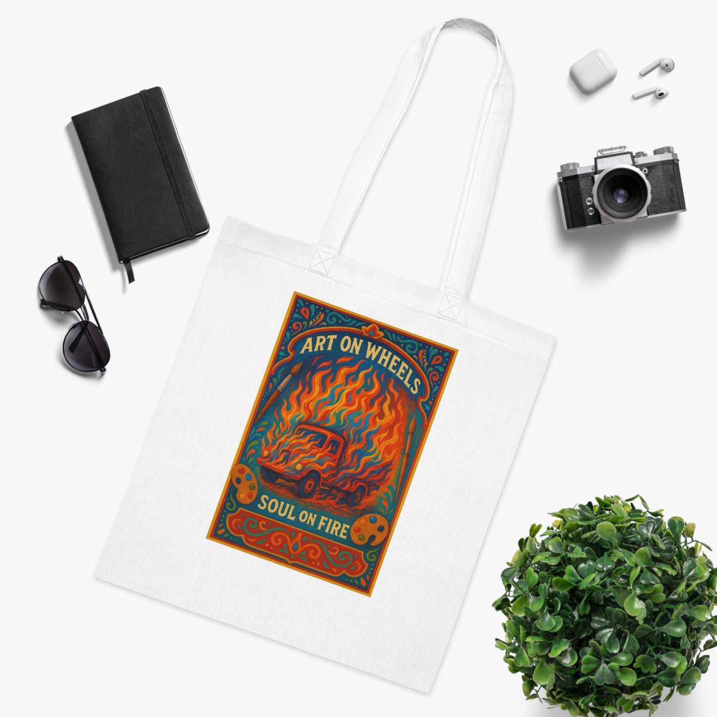 Art On Wheels Soul on Fire Cotton Tote Bag | Artistic Grocery or Market Bag, Eco-Friendly Shopping Tote, Festival Gift, Art Lovers' Accessory