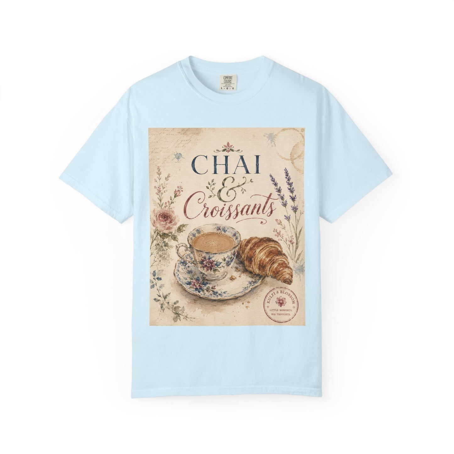 Chai & Croissants T-Shirt — Vintage Tea Cup & Pastry Graphic