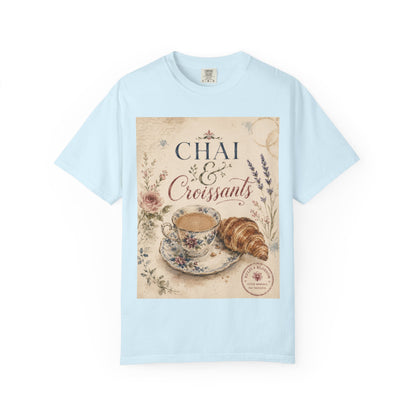 Chai & Croissants T-Shirt — Vintage Tea Cup & Pastry Graphic