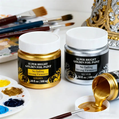 Waterproof 100ml/3.4oz Golden/Silver Paint Metallic Acrylic Paint | For Coloring DIY Hand Clothes Painted Graffiti Pigments
