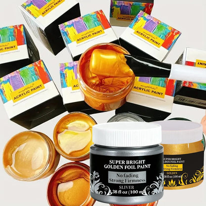 Waterproof 100ml/3.4oz Golden/Silver Paint Metallic Acrylic Paint | For Coloring DIY Hand Clothes Painted Graffiti Pigments
